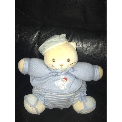 Doudou Peluche Chat Bleu Rayé Bonnet Brodé Bonhomme Garçon Kaloo 19cm