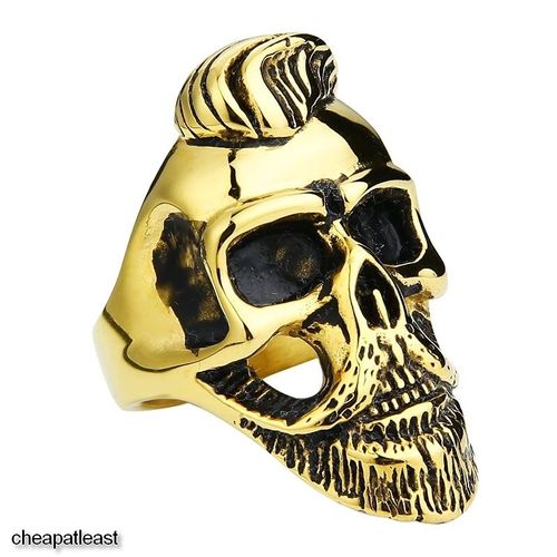 Imposante Bague Hipster Tête De Mort 3d Crane À Barbe Et Moustache - Acier Chromé Doré Vieilli - Skull Chevalière Cafe Racer Anneau Biker Combat Harley Triumph Indian Poing Américain - Taille 11 / 64