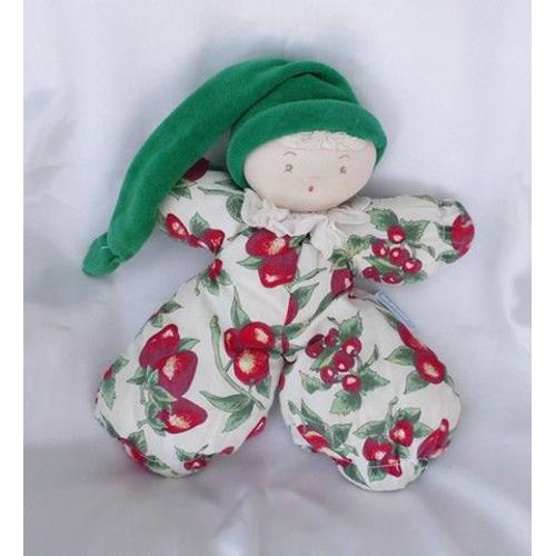 Doudou Peluche Poupée Lutin Tissu Cerises Bonnet Vert Grelot Moulin Roty