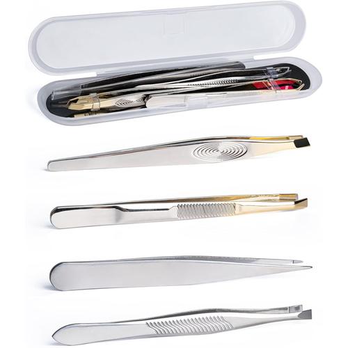 4 Pièces Pince À Épiler Professionnelle, Pince De Precision Sourcils En Acier Inoxydable Pour Femmes Cils, Homme Barbe, Poils Incarnés Faciaux (Argent) 