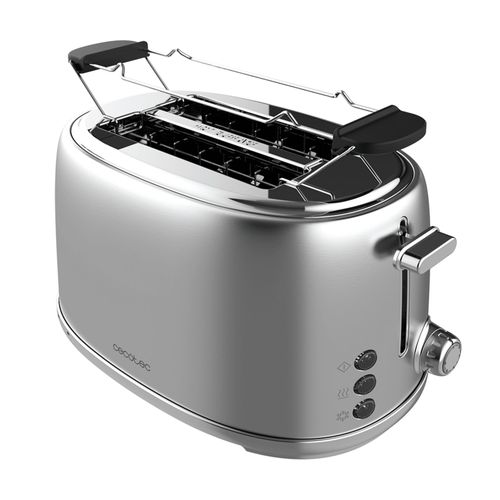 Cecotec Toast&Taste 1000 Retro Double Inox est un grille-pain vertical avec 2 fentes larges et courtes de 3,8 cm en acier inoxydable. Puissance de 980 W, des barres supérieures, puissance réglable