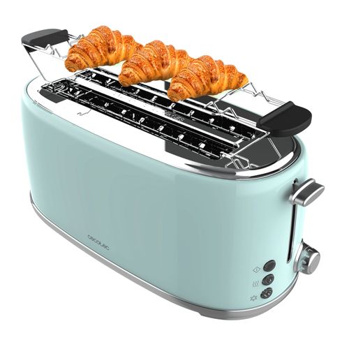 Cecotec Toast&Taste 1600 Retro Double Blue 4-Slice Toaster. 1630 W, 2 Wide and Long Slots of 3.8 cm, Stainless Steel, Upper Heating Rods, Adjustable Power, Crumb Tray
