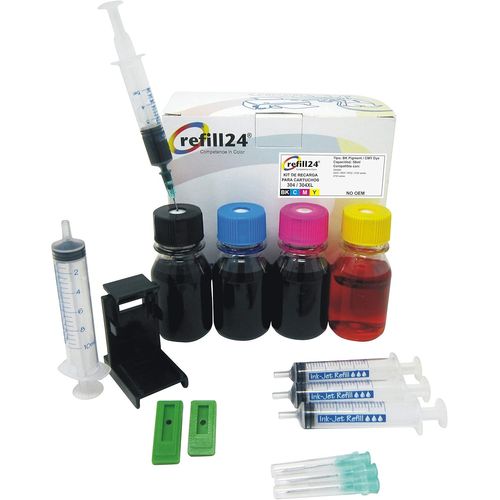 Kit de Recharge Compatible pour Cartouches d'encre HP 304, 304 XL Noir et Couleur,Encre avec Clip et Accessoires + 200 ML d'encre
