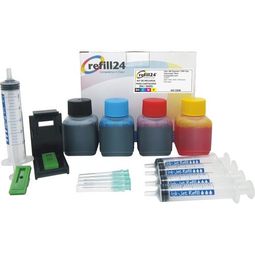 Kit de Recharge Compatible pour Cartouches d'encre HP 304, 304 XL Noir et Couleur, Encre avec Clip et Accessoires + 200 ML d'encre