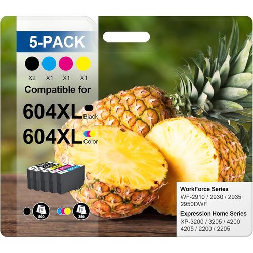 604XL Pack de 5 Compatible Cartouche pour Epson XP 2200 pour Epson 604 XL pour Expression Home XP-2200 XP-2205 XP-3205 XP-3200 XP-4200 XP-4205 Workforce WF-2910DWF WF-2930DWF WF-2935DWF