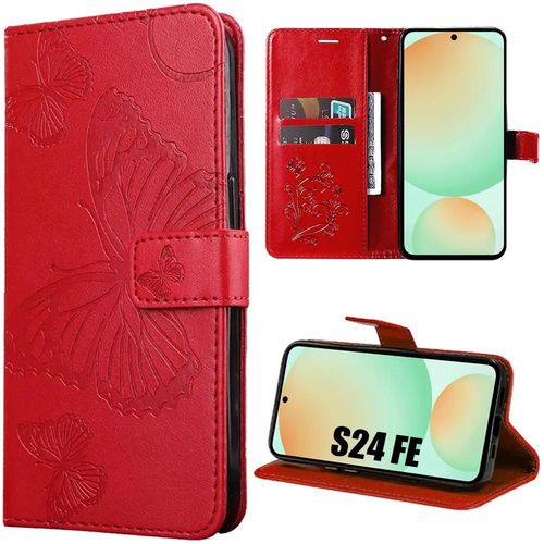Coque Pour Samsung Galaxy S24 Fe (Pas Pour S24) Protection En Cuir Synthétique Rouge Motif Papillon Elégant - E.F.Connection