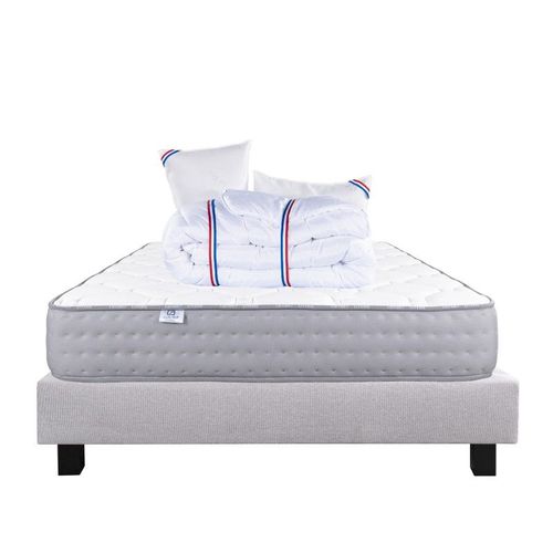 Ensemble Sommier Gris (20cm) Matelas Zen (20 Cm), Ferme, Face Été/Hiver Couette Et Oreiller - Gris, 160x200cm