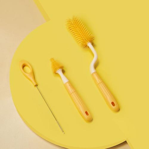 Brosse Rotative De Nettoyage De Bouteille En Silicone,Brosse De Sucette Pour Bébé,Brosse De Paille,Base De Stockage Et De Placement,Manchon De Nettoyage - Type 3-Piece Set Yellow