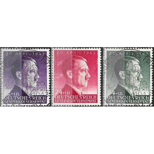 Pologne, Occupation Allemande, General Gouvernement 1943, Belle Série Complète Timbres Yvert 112 113 114, Anniversaire Du Chancelier Hitler, Oblitérés, Tbe