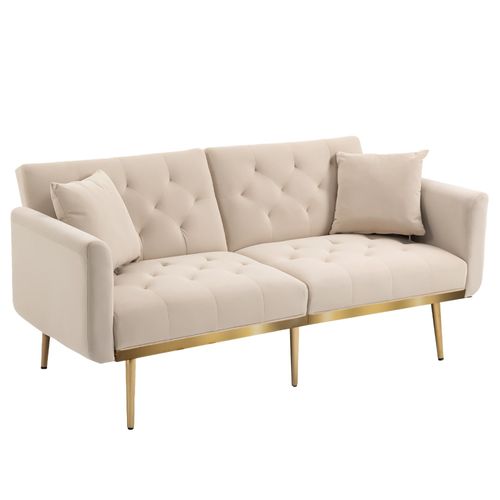 Canapé 3 Places En Velours Doux Transformable En Lit Avec Pieds En Métal - Beige