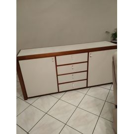 Buffet Bas En Bois Massif Exotique Et Cuir Blanc Cousu.