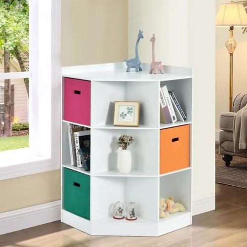 Costway Meuble De Rangement D'angle Avec 9 Niches, Bibliothèque D'angle Enfant Avec Étagère Supérieure, 3 Tiroirs Non Tissé, Blanc