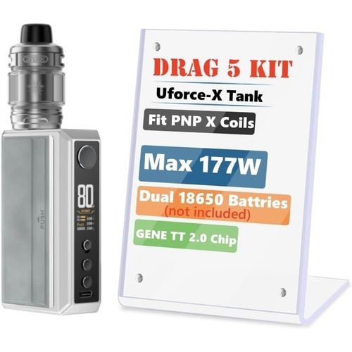 Drag 5 Kit 177W Atomiseur Uforce X 5,5ml Bobine PNP X 0,15/0,3ohm Double Batteries 18650 (Batteries non incluses) Cigarette Électronique Vape Originale (Argent) - No Nicotine