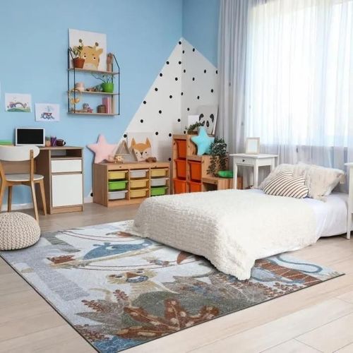TABLO JUNGLE - Tapis enfant motif jungle gris jaune 100x150
