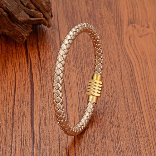 Bracelet En Cuir Tissé De Documents Champagne Pour Homme Et Femme,Accessoire En Acier Inoxydable,Style Industriel,Bijoux De Haute Qualité