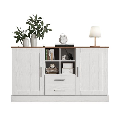 Buffet Élégant En Bois Blanc Avec Plateau Marron, 2 Portes Et 2 Tiroirs - 140 X 40 X 80 Cm