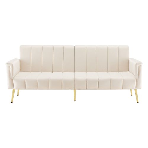 Canapé Pliant Beige En Velours Convertible En Lit, Design Rayé Élégant - 183 X 76 X 75 Cm