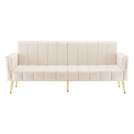 Canapé Pliant Beige En Velours Convertible En Lit, Design Rayé Élégant - 183 X 76 X 75 Cm