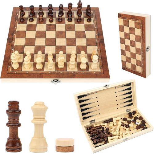 Jeu D'échecs En Bois, Échecs 3 En 1, Pliable Portable Ensemble D'échiquier, Chess Board Set Pour La Famille Activités Fête Adultes Enfants Voyages (29x29cm)