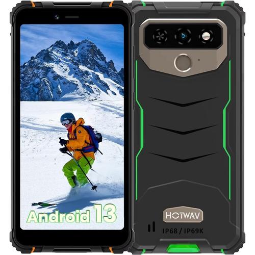 HOTWAV T5 Max (2023) Téléphone Portable Incassable Android 13, 6050mAh 4Go RAM + 64Go ROM / 1To Extensible 6.0" HD+ Smartphone, Caméra 13MP+5MP 4G Double SIM - Face ID/NFC/GPS/OTG/IP68 Vert