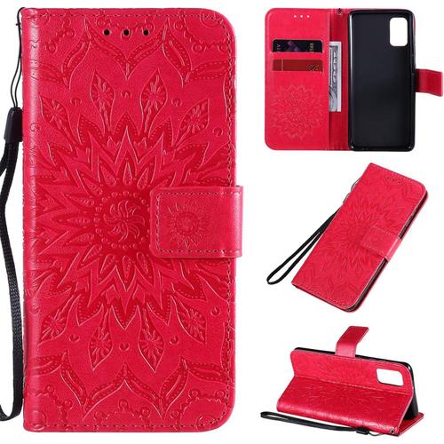 Étui Pour Samsung Galaxy A41/Sm A415 6 1 Pouces Pu Magnétique Pochette Cuir Housse Tournesol Gaufrage Design Stent Fonction Rabattable Rouge