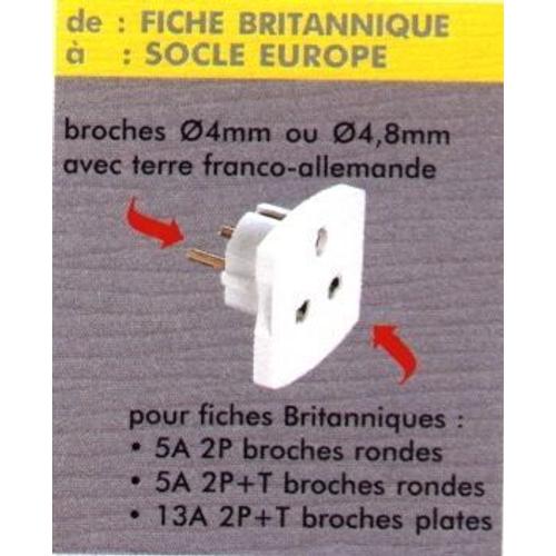 Adaptateur prise 2 P+T male français/femelle britannique Ebénoïd ref 213101420