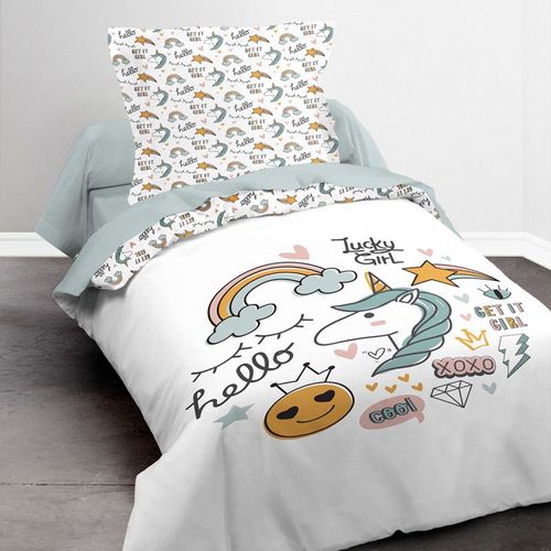 Parure De Couette 140 X 200 "Lucky Girl" Réversible 100% Coton / 57 Fils/Cm²