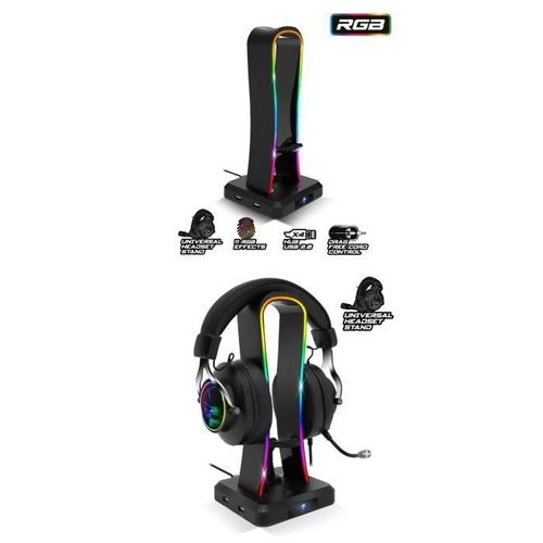 Support Casque RGB 4 Ports USB, Support Casque RGB Porte Casque Gamer pour PC Gamer, Casque Gaming, Noir avec guide câble