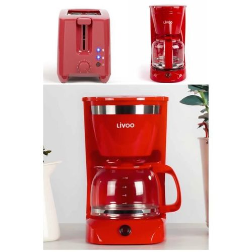 Cafetière Electrique 800w 12-Tasses-Classique Rouge Haute Qualité + Grille-Pain Rouge 2 Fentes 750w 7 Niveaux De Cuisson 3 Témoins L