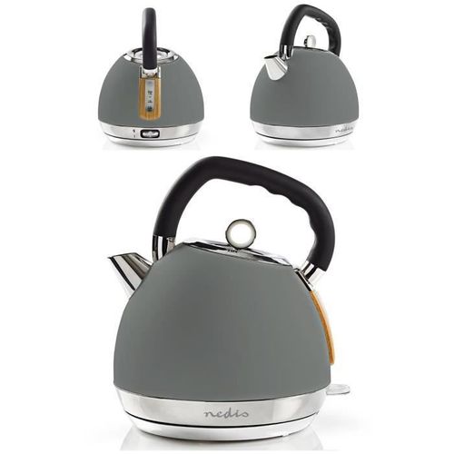 Bouilloire Electrique grise 2200w 1L8 Base Sans fil en Acier inoxydable et Bois doux au touché