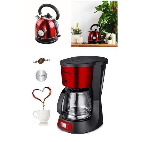 Pack Cafetière INOX Programmable 1,5L Rouge + Bouilloire Rétro 1,8L Inox Rouge avec Thermomètre