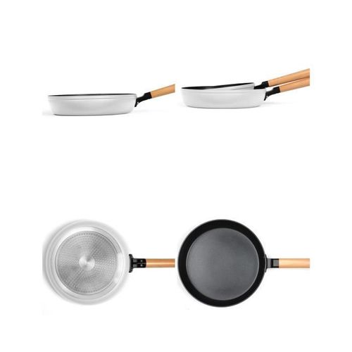 2 Poêles Blanche Avec Poignées En Bois Revêtement Antiadhésif Ø 24 Cm Et Ø 28 Cm Tous Feux Dont Induction