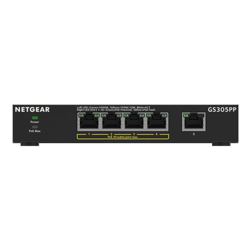 NETGEAR 300 Series GS305PP - Commutateur - SOHO - non géré - 5 x 10/100/1000 (4 PoE+) - de bureau, fixation murale - PoE+ (83 W)