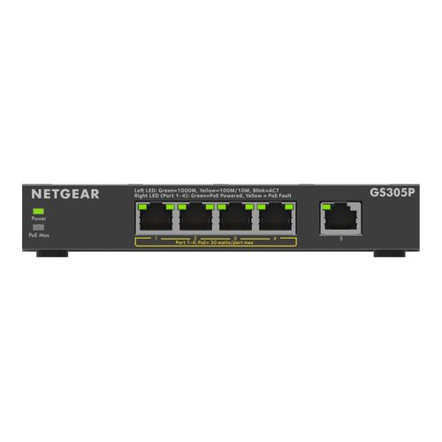 NETGEAR 300 Series GS305P - Version 3 - commutateur - SOHO - non géré - 5 x 10/100/1000 (4 PoE+) - de bureau, fixation murale - PoE+ (63 W)