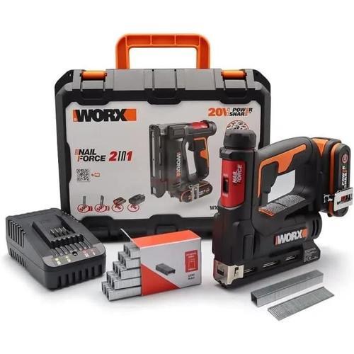 WORX - Agrafeuse / Cloueuse de finition sans fil 20V - 2Ah- WX843 (Livree avec batterie et chargeur, agrafes type 53/clou de