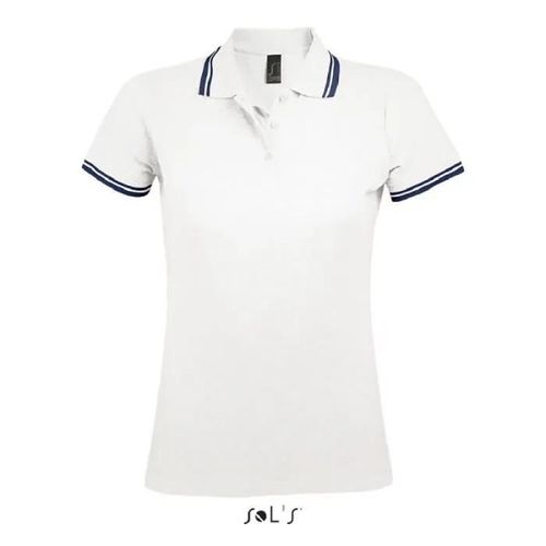 Polo Femme Blanc/Marine - Pasadena - Manches Courtes - 100% Coton Ringspun