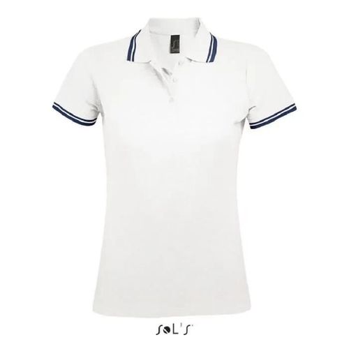 Polo Femme Blanc/Marine - Pasadena - Manches Courtes - 100% Coton Ringspun