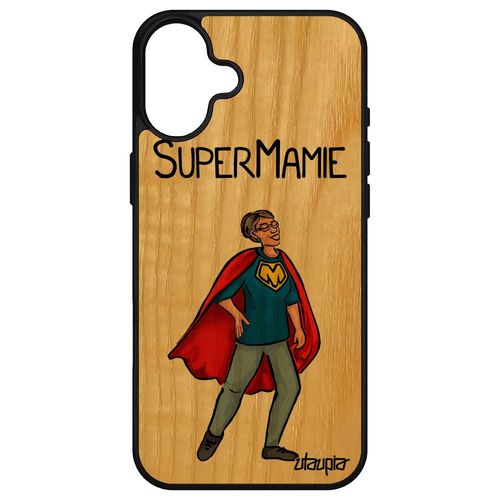 Coque Pour Apple Iphone 16+ Plus En Bois Silicone Super Mamie Pas Cher Humour Comics Noir Drole Humoristique Telephone Bande Dessinée De