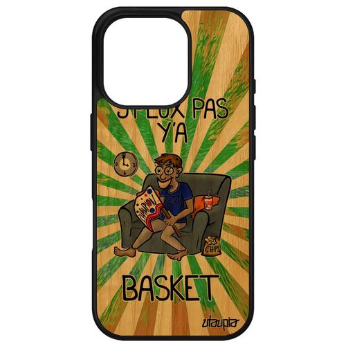 Coque J'peux Pas Y'a Basket Pour Iphone 16 Pro Bois Veritable Silicone Supporter Drole Je Texte Jpeux Frêne Comique Nba Vert Apple