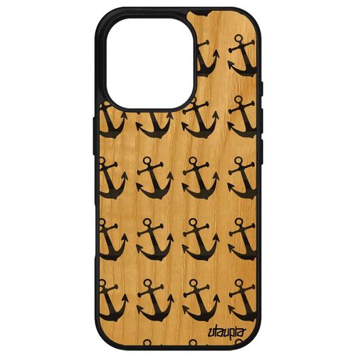 Coque Pour Iphone 16 Pro En Bois Silicone Ancre Tapisserie Symbole 4g Marine De Bateau Etui Design Marinière Rayure Femme Gris Case Apple