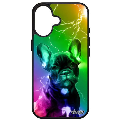 Coque Pour Iphone 16 Silicone Chien Design Arc En Ciel Animaux Chiot Eclair Vert Animal Mobile Bulldog Francais Gel Mignon Case Apple