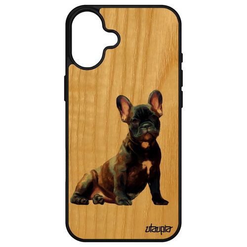 Coque En Bois Veritable Chien Pour Apple Iphone 16+ Plus Silicone Chiot Mobile 128 Go Design Blanc Bulldog Francais Telephone Nature De