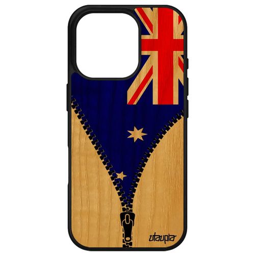 Coque Pour Apple Iphone 16 Pro En Bois Et Silicone Drapeau Australie Australien Sport Foot Portable Telephone Jo Personnalisé