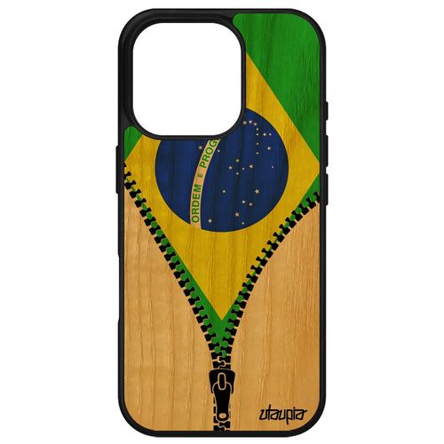 Coque En Bois Veritable Drapeau Bresil Bresilien Pour Iphone 16 Pro Silicone Sport Jo Case Telephone Caoutchouc Etui Foot Apple