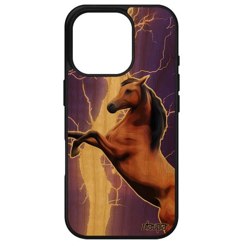 Coque Vrai Bois Silicone Cheval Pour Iphone 16 Pro Poulain Animal Poney Gel 4g Animaux Design Orage Equitation Case Eclair Violet Apple