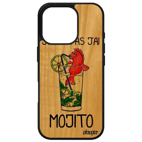 Coque En Bois Pour Iphone 16 Pro Silicone J'peux Pas J'ai Mojito Comique Humour Telephone Poisson Rouge Bd Frêne Bourré Caoutchouc Apple