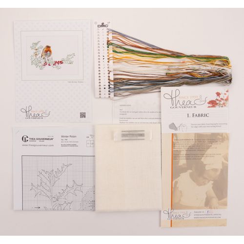 Thea Gouverneur - Kit De Point De Croix Compté - Oiseau Robin D'hiver - Lin - 32 Compter - Pour Adultes - 790