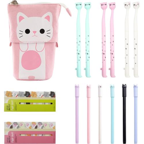 Sac À Stylo Télescopique En Toile Trousse Scolaire Kawaii Avec 240 Chat Autocollant Und 12 Stylos À Encre Gel Noire 0.5 Mm De Chat Coloré Trousse Pot À Crayons Pour École Et Bureau