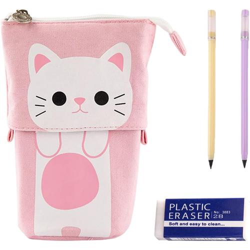 Trousse À Crayons Rétractable Avec Fermeture Éclair - Pour Fille - Avec 2 Crayons Éternels Et 1 Gomme - Motif Chat De Dessin Animé - Rose, Rose, Mignon