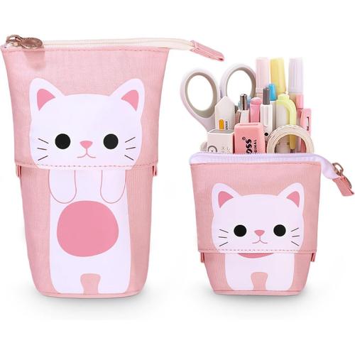 Trousse Crayon Télescopique, Trousse Scolaire À Fermeture Éclair, 2 En 1 Trouse Sur Pied,Trousse Scolaire, Trousse Kawaii, Pour Garçons Filles Etudiants Et Fournitures De Bureau(Chat-Blanc)